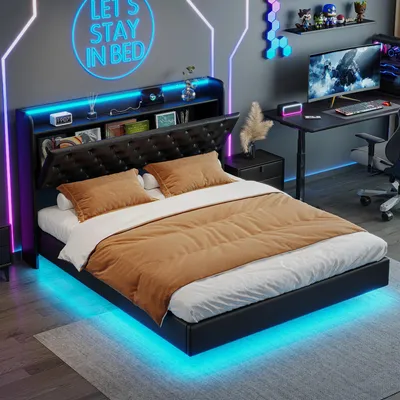 Image de Lit matelassé - Lit double 160x200 cm - Lit avec espace de rangement - Rangement hydraulique - Éclairage LED - Fonction de charge USB - Revêtement enPolyuréthane- Noir