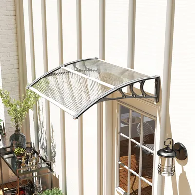 Zdjęcie produktu dla Daszek Outsunny nad drzwi wejściowe 100 x 75 cm zadaszenie łukowe jednoskrzydłowe z aluminium i poliwęglanu daszek jednoskrzydłowy z filtrem UV daszek nad drzwi wejściowe na balkon, ochrona przed słońcem i deszczem, srebrny