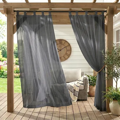 Produktbild von 2er Set Outdoor Vorhang Voile Dunkelgrau Wasserabweisend Gardine Transparent mit Klett Schlaufen Montage ohne Stangendemontage Garten Terrasse Balkon Pergola B*H: 132x213cm