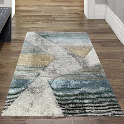 Produktbild von Moderner Teppich Wohnzimmer abstraktes Muster gestreift mehrfarbig grau blau gold - pflegeleicht Größe - 80 x 150 cm
