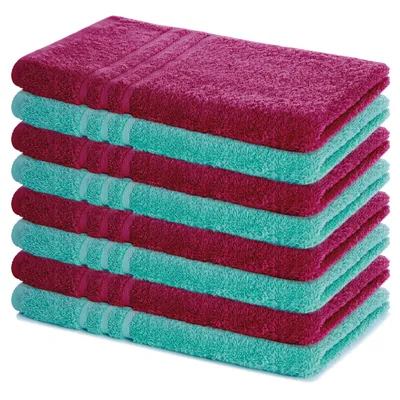 Zdjęcie produktu dla Zestaw 8 ręczników Lavea® 50 x 100 cm, Elena, 100% bawełna, ręcznik frotte, ręcznik sportowy, można prać w temperaturze 60°C, zestaw ręczników, bordowy i turkusowy