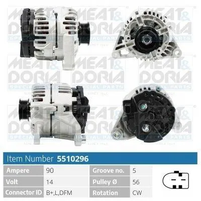 Produktbild von MEAT & DORIA 5510296 Lichtmaschine Generator LiMa 90A 14V für VW GOLF VI (5K1) Golf V Schrägheck (1K1) Polo Schrägheck (6R1, 6C1) TOURAN (1T1, 1T2)