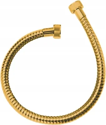 A gold-colored flexible hose with connectors on both ends, presented against a white background.