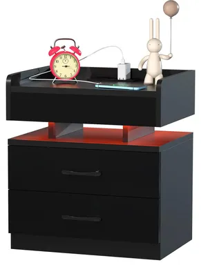 Produktbild von Nachttisch Beistelltisch - 2 Stoffschubladen - Steckdose & 2 USB-Anschlüsse - LED-Beleuchtung - Metallgestell - Ablagefach - Schwarz