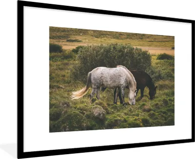 Produktbild von MuchoWow® MuchoWow® Gerahmtes Poster Pferde - Gras - Strauch 90x60 cm - Poster mit zchwarzem Bilderrahmen - Wanddekoration - Fotos