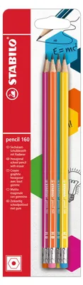 Image de Crayon avec gomme - STABILO pencil 160 en rose, bleu, orange, jaune - dureté HB - paquet de 4