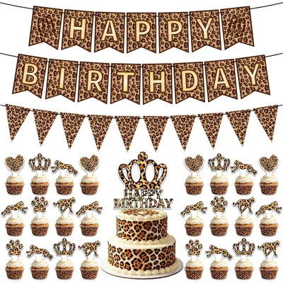 Immagine prodotto di Set di decorazioni per compleanno: striscione a tema leopardo, ghirlande, decorazione per torta, topper per cupcake
