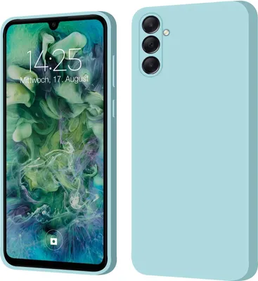 A light blue phone case is shown next to a phone with a light blue case.
