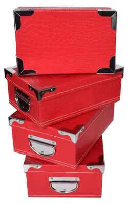 Produktbild von Set aus 4 roten Karton Aufbewahrungsboxen mit Deckel und Griffen