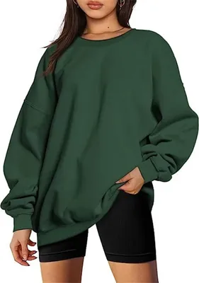 Image de ASKSA Sweatshirts Femme Basic Col rond Manches Longues Loose Fleece Pulls Casual Tops, Vert Foncé, M