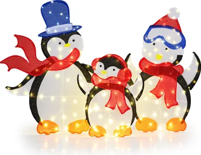 Imagen del producto de COSTWAY, conjunto de 3 figuras de pingüinos LED, decoración navideña iluminada con 160 luces LED de color blanco cálido y bufandas, figuras navideñas, iluminación navideña