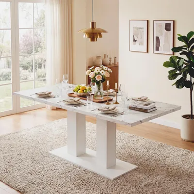 Produktbild von okwish Esstisch Ausziehbar Rechteckig verdickte Tischplatte mit Doppelstützen einfachen Stil Für Esszimmer Küche Weiß