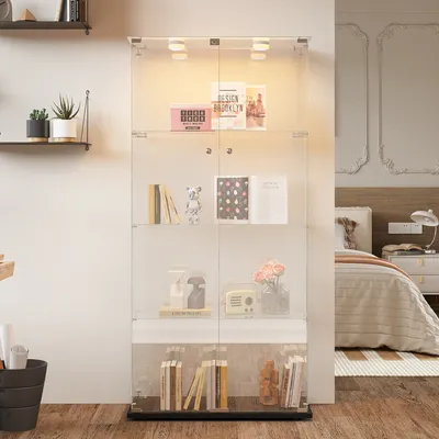 Image de Vitrine double porte 4 étagères avec éclairage LED ou lampes tactiles – Design moderne, verre trempé et vue panoramique 360°