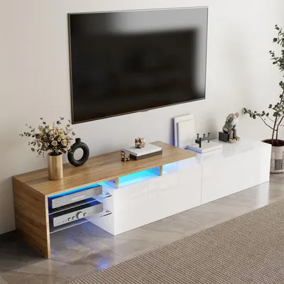 Obrázek produktu pro Merax TV skříňka s LED a skleněnými policemi, moderní TV stojan s úložným prostorem, nábytek do obývacího pokoje, elegantní úložný prostor, bílá + vzhled dřeva
