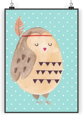 Produktbild von Mr. & Mrs. Panda Bild Eule Federschmuck DIN A5 - Türkis Pastell - Geschenk, Kunstdruck, kunstposter, Abenteuer, drucke, Owl, Waldtiere, wanddeko, Entspannt, Dekoration