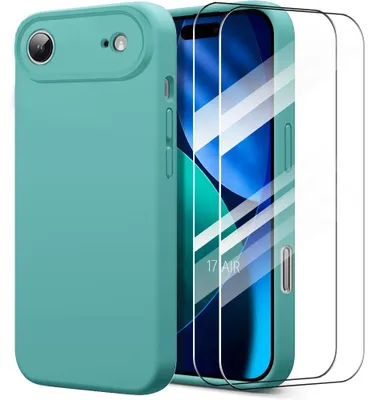 Image de Coque + 2 Verres Trempés pour iPhone Air, Silicone Liquide Antichoc Slim Souple Effet Mat Vert Bleu