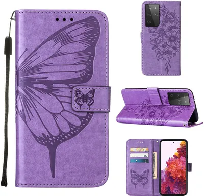 Produktbild von Galaxy S21 Ultra 5G Hülle, Schmetterling Prägung Flip Leder Kartenfächer Schutzhülle Ledertasche mit Ständer für Samsung Galaxy S21 Ultra 5G Violett