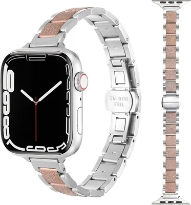 Produktbild von FFO2World schlankes Edelstahlarmband mit mattem Glitzer-Mittelglied für Apple Watch 42/44/45/46/49 mm (Serie 1–11, SE, Ultra) – Silber/Roségold