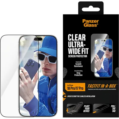 Immagine prodotto di Protezione per schermo PanzerGlass® per iPhone 18 Pro | 17 Pro | Adatta a schermi ultra-ampi, con sistema FASTFIT IN-A-BOX. Compatibile con: Apple - iPhone 18 Pro, Apple - iPhone 17 Pro. Applicazione a secco, resistente ai graffi, resistente agli urti, trasparente, confezione da 1 pezzo