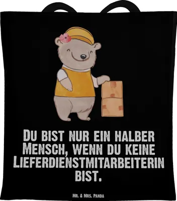 Produktbild von Mr. & Mrs. Panda Uni Tasche Lieferdienstmitarbeiterin Herz - Schwarz - Geschenk, Pizzabringdienst, Einkaufstasche, Lustig, studententasche, Tote Bag, Witzig, Shopping