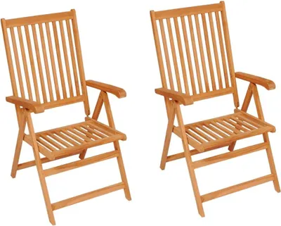 Produktbild von Set aus 2 klappbaren Gartenstühlen aus massivem Teakholz mit anthrazitfarbenen Kissen, 7-fach verstellbarer Rückenlehne und einer Belastbarkeit bis 110 kg