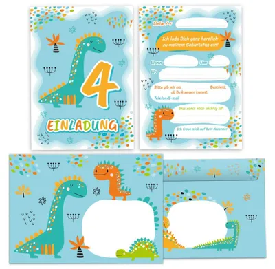12 Einladungskarten + Umschläge, Dinosaurier, 4. Geburtstag