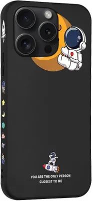 A black phone case with astronaut and space-themed graphics.