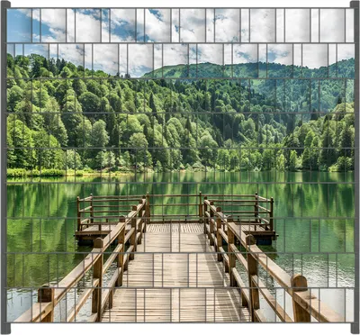 Produktbild von Wallario Zaunsichtschutz mit Motiv Steg am See in den Bergen für Ein- und Doppelstabmatten Zäune in der Größe 200 x 180 cm