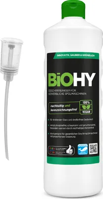 Produktbild von BiOHY Geschirrreiniger für gewerbliche Spülmaschinen (1l Flasche) + Dosierer | PHOSPHATFREI |Konzentrat für Gastronomie | strahlender Glanz durch herausragende Fettlöseformel