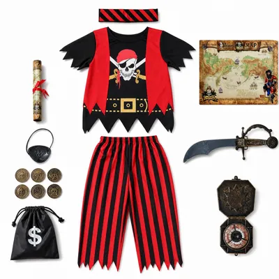 5-teiliges Piratenkostümset mit Accessoires, Gr. M, rot/schwarz