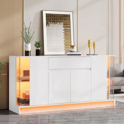 Produktbild von Moonbite Anrichte weiß Hochglanz mit 2 Glasvitrinen, Sideboard 150 cm mit Schublade und Flügeltüren, Wohnzimmerschrank, Spanplatte, Weiß