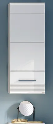 A white bathroom cabinet is mounted on a blue wall.