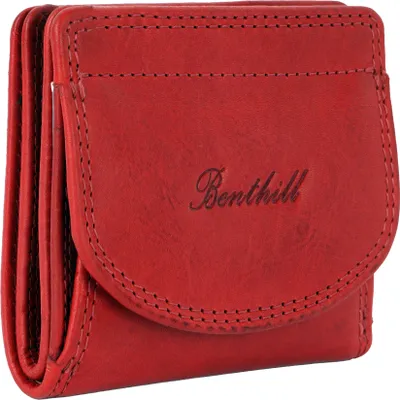 A red leather wallet is shown from the front.