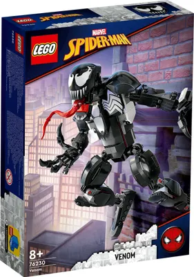 The image shows the front of a LEGO box featuring a Venom action figure. The background depicts a city skyline at dusk.