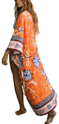 Productafbeelding van YouKD dames katoenen cardigan, bohemien stijl, lange kimono, strandkleding, badpak omslagstuk, terracotta kleur