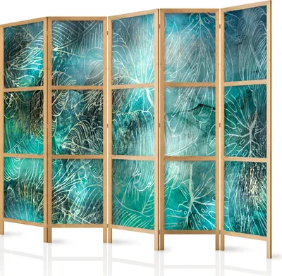 Produktbild von Paravent XXL Tropische Blätter Monstera Palm Wedel 225x171 cm - 5-teilig - einseitig - eleganter Sichtschutz - Raumteiler - Trennwand - Raumtrenner - Holz - Design Motiv - Deko b-A-0830-z-c