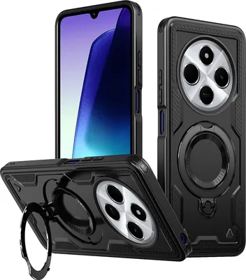 Produktbild von Dual Layer Hülle für Xiaomi Redmi 14C Metall Ring Ständer Magnetisch Stoßfest Militär Handyhülle Schwarz