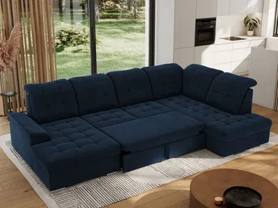 Produktbild von MKS MEBLE Ecksofa Wohnlandschaft U-Form, Sofa mit Schlaffunktion, Schlafsofa mit bettkasten, Couch mit Schlaffunktion - Dunkelblau Velvet - Madrito U - rechts