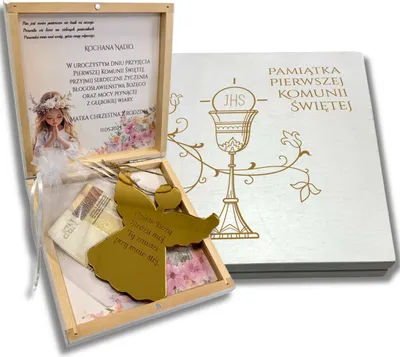 Zdjęcie produktu dla Pamiątka Komunii Świętej Pudełko z grawerem + aniołek Prezent na komunię