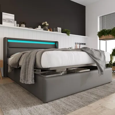 Image de OKWISH Lit Coffre Capitonné 160x200 avec Rangement Hydraulique et LED Intégrée, Matelas Inclus - Gris