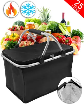 Produktbild von Alu Einkaufskorb Faltbar Picknickkorb Tasche Klappbar mit Deckel Kühlkorb Thermo 25 Liter Schwarz