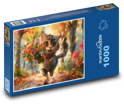 Zdjęcie produktu dla Puzzle 1000 Uśmiechnięty kot z kwiatami - martinpuzzle