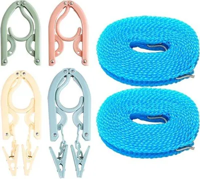 Produktbild von Reis- und Campingkleiderständer sowie Portabler Kleiderhalter mit Falten Kleiderstange und Windanfälliger Kleiderleine 4er-Satz und 2er-Satz für Außenbereich und Wandern (Pink, Grün, Blau, Beige)