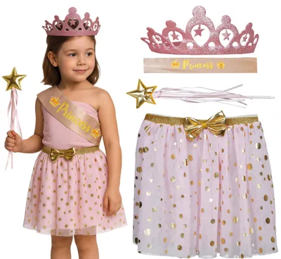 Productafbeelding van Prinsessenkostuumset: tutu, kroon, haarband, toverstaf. Ideaal voor een kinderverjaardag of als fantasiekostuum. Kleur: roze
