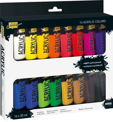 Obrázek produktu pro Kreul 84172 - Solo Goya akrylová sada s 16 barvami ve 20 ml tubách, krémová univerzální akrylová barva studijní kvality, na vodní bázi, rychlé a matné schnutí, dobře kryje, voděodolná