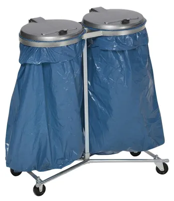 Produktbild von Robuster Doppel-Abfallsammler mit Kunststoff-Deckel | Fahrbar | 2x 120 Liter, HxBxT 102x86x48cm | Stahl | Verzinkt-Silber