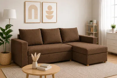 Produktbild von Ecksofa HUGO L-Form, Universal, Modernes Bettsofa mit Schlaffunktion und Bettkasten, Schlafsofa, Couch beidseitig montierbar, BRAUN - SAWANA 26, KI-generiertes Bild