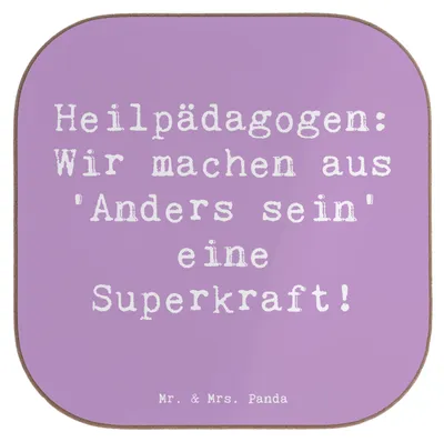 Produktbild von Mr. & Mrs. Panda Tassen Untersetzer Spruch Heilpädagogin Superkraft - Lavendeltraum - Geschenk, für Gläser, eckiger, Einzigartigkeit, kreative Lösungsfindung, Glas, Beruf