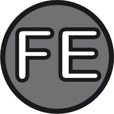A close-up of a circular gray object with the letters 'FE' in white and outlined in black.