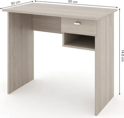 A light brown wooden desk with a drawer and shelf, shown from a slightly elevated front-left angle against a white background.